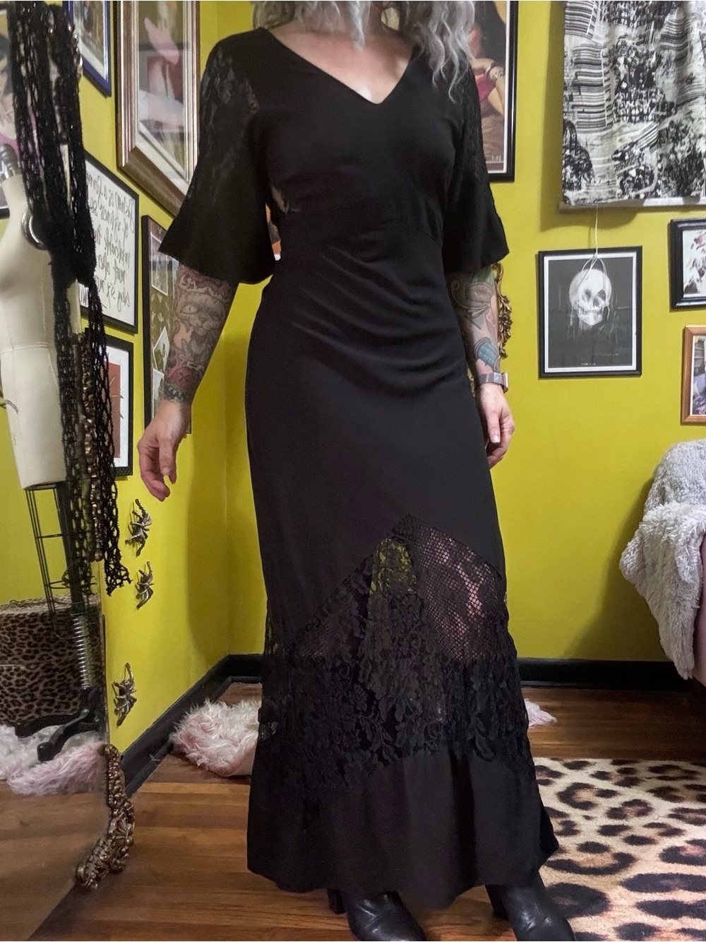 Express Black Lace Maxi Bell Sleeve Dress X Small